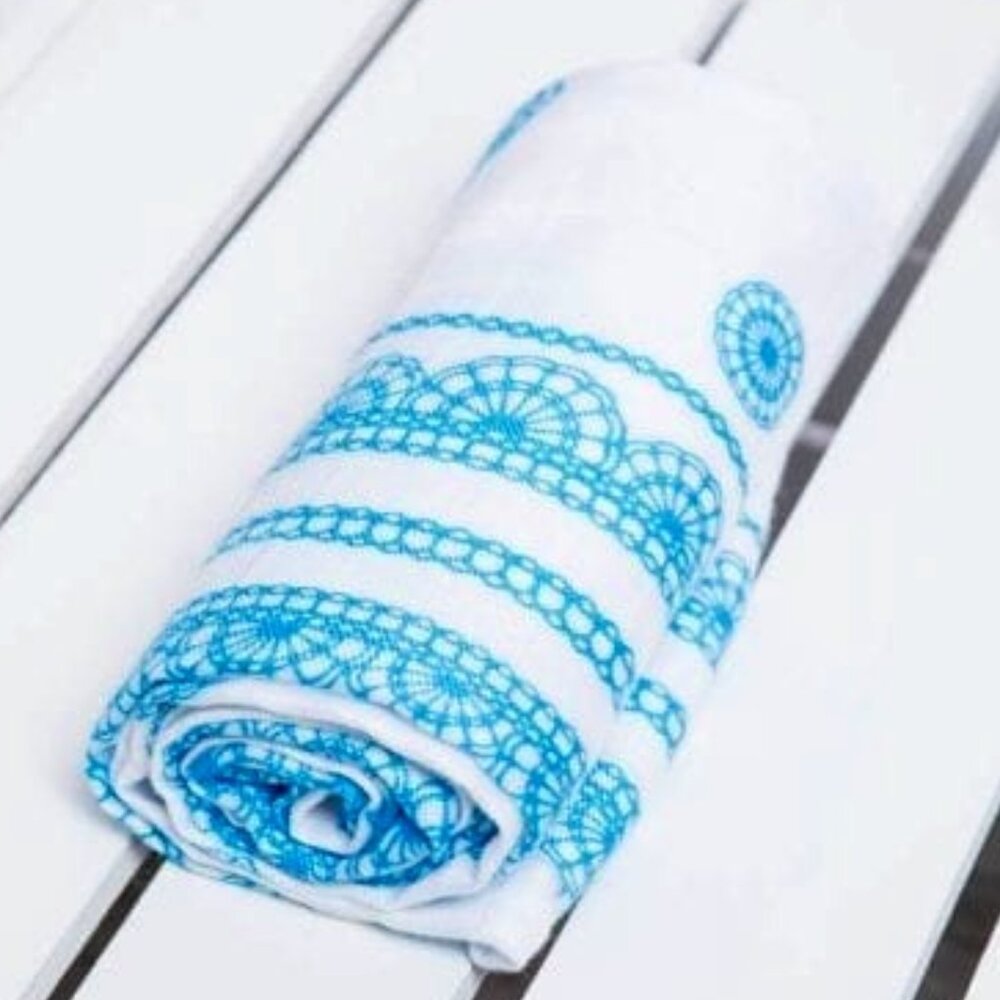 NWT Lenny Lamb Muslin Square Blanket Blue Lace
